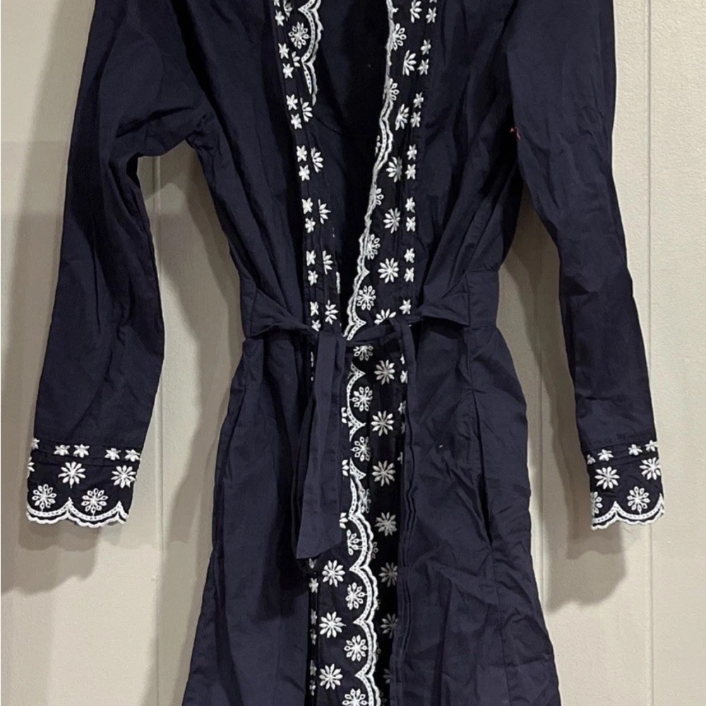 Eileen West Short Robe Women's S/M Blue with White Floral Trim Cotton Pockets